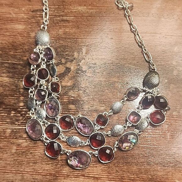 Multifaceted Stone Necklace Silver Tone Womens Oval Square - Picture 1 of 5